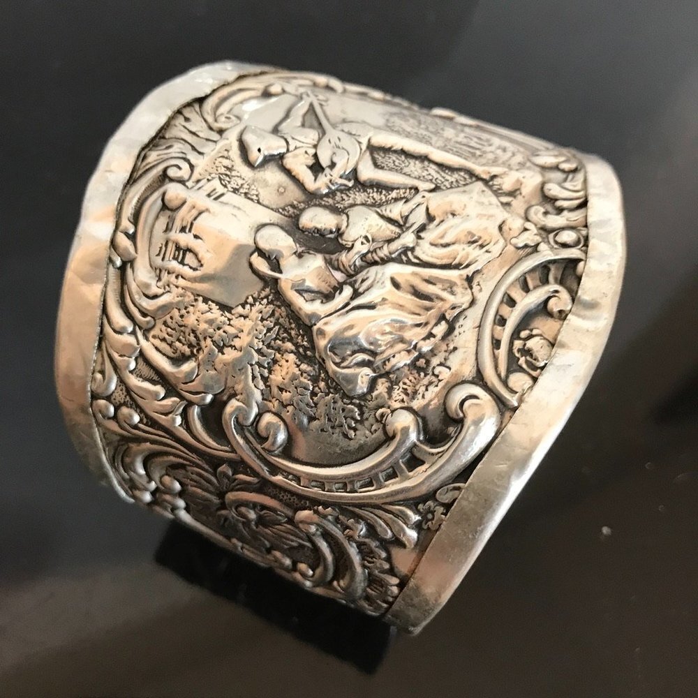 Baroque Fragonard Antique Solid Sterling Silver 925 Cuff Bracelet Boucher